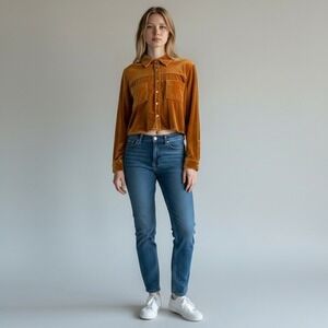 Forever 21 Velvet Button Down Shirt XL Gold 70s Style Cropped Pockets Boxy Retro